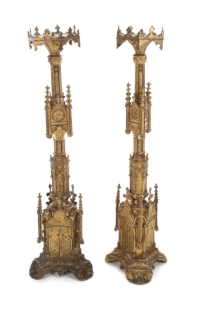 PAIR OF VICTORIAN GOTHIC REVIVAL PRICKETT STICKS