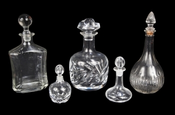 GROUP OF FIVE DECANTERS INCLUDING LALIQUE