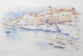 JOAN COLLINS ST. TROPEZ WATERCOLOR AND SIGNED BOOK
