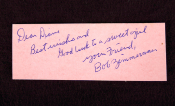 ROBERT ZIMMERMAN SIGNED AND INSCRIBED CUT SHEET