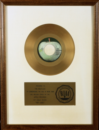 BEATLES GOLD WHITE MAT RECORD AWARD FOR "HEY JUDE"