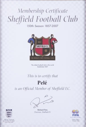 PELÉ 2007 SHEFFIELD FOOTBALL CLUB MEMBERSHIP CERTIFICATE