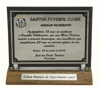 PELÉ JUNE 24, 2004, SANTOS FC ADVISORY BOARD 25 YEARS OF SERVICE AWARD PLAQUE