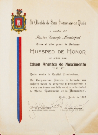 PELÉ JUNE 1993 QUITO, ECUADOR, TRIBUTE CERTIFICATE