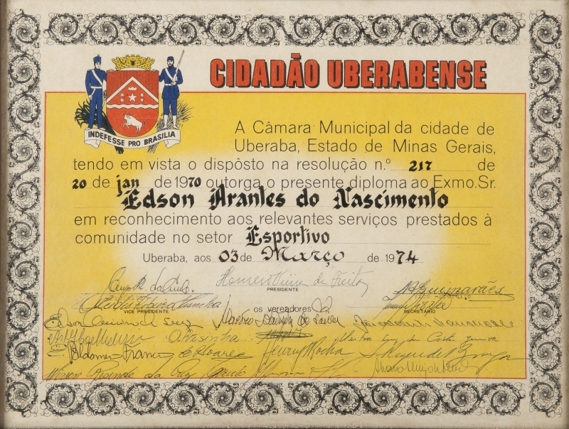 PELÉ MARCH 3, 1974, CITY OF UBERABA BRAZILIAN CERTIFICATE