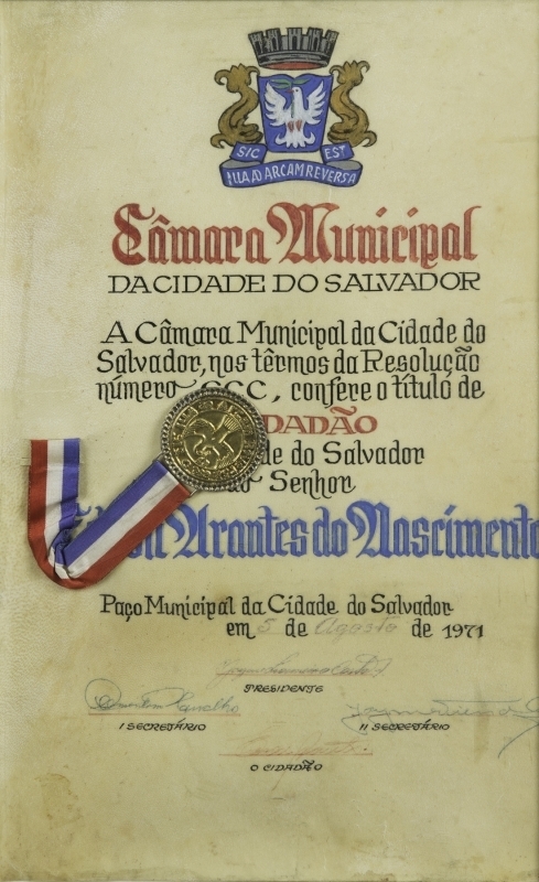 PELÉ AUGUST 5, 1971, SALVADOR, BRAZIL, HONORARY CITIZEN CITATION