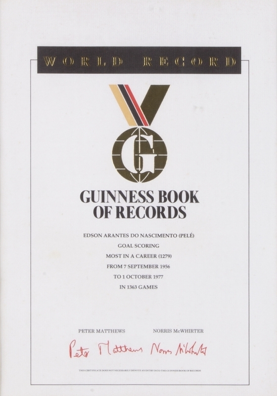 PELÉ GUINNESS BOOK OF RECORDS MOST CAREER GOALS CERTIFICATE