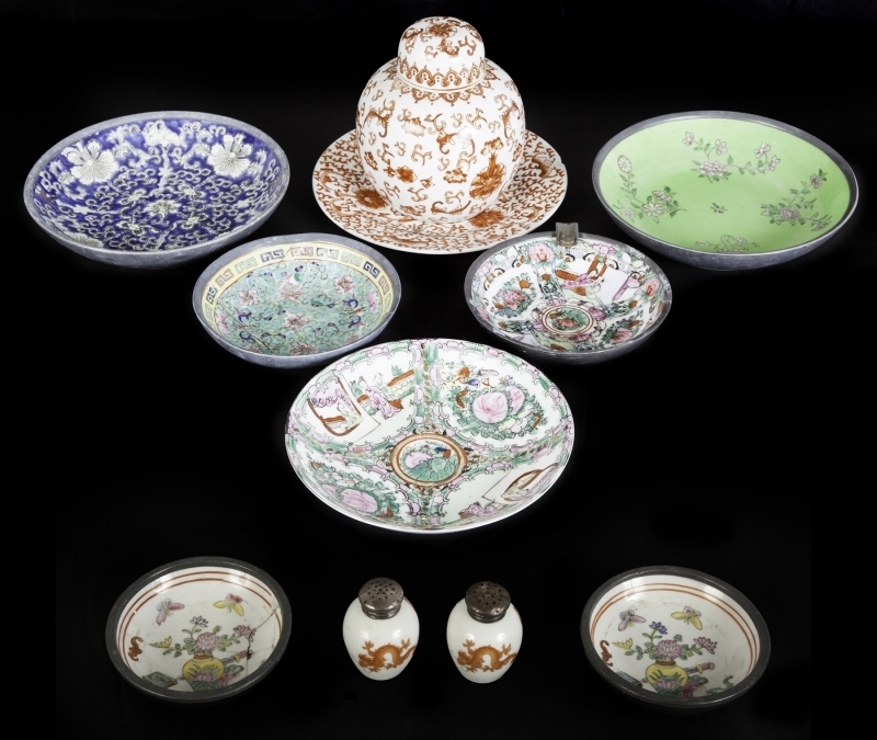 COLLECTION OF ASIAN PLATES, SOME WITH PEWTER RIMS