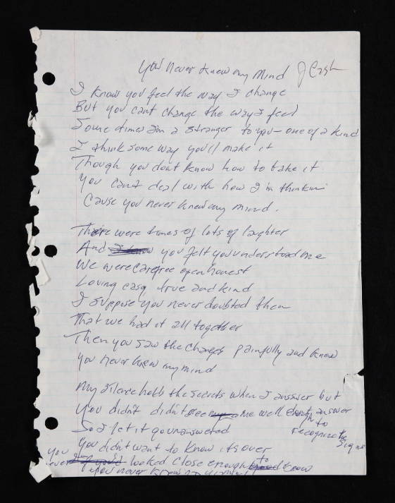 JOHNNY CASH HANDWRITTEN "YOU NEVER KNEW MY MIND"