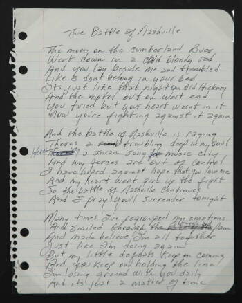 JOHNNY CASH HANDWRITTEN "THE BATTLE OF NASHVILLE" LYRICS