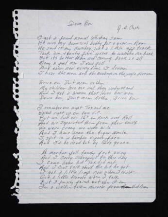 JOHNNY CASH HANDWRITTEN "DRIVE ON" LYRICS