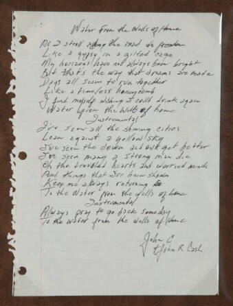 JOHNNY CASH HANDWRITTEN "WATER FROM THE WELLS OF HOME" LYRICS