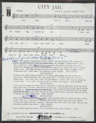 JOHNNY CASH HAND ANNOTATED SHEET MUSIC FOR "CITY JAIL"