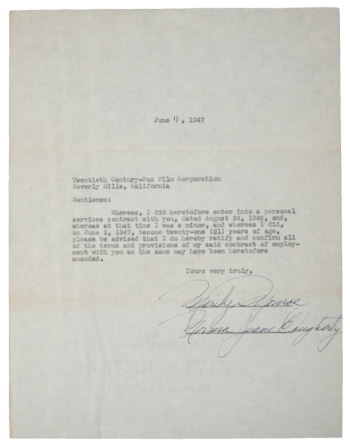 MARILYN MONROE DOUBLE SIGNED 1947 DOCUMENT