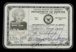 MARILYN MONROE DEPARTMENT OF DEFENSE PERFORMER ID CARD