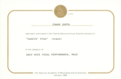 FRANK ZAPPA GRAMMY NOMINATION CERTIFICATE