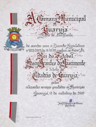 PELÉ OCTOBER 13, 2005, CITIZEN OF GUARUJÁ CERTIFICATE