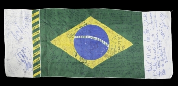 PELÉ SET OF TWO BRAZILIAN FLAGS SIGNED BY FANS