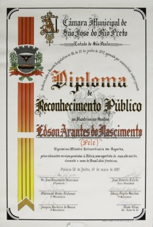 PELÉ MAY 14, 1997, MUNICIPALITY OF SÃO JOSÉ DO RIO PRETO DIPLOMA