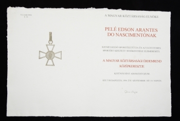 PELÉ 1994 HUNGARIAN MERIT CROSS CERTIFICATE