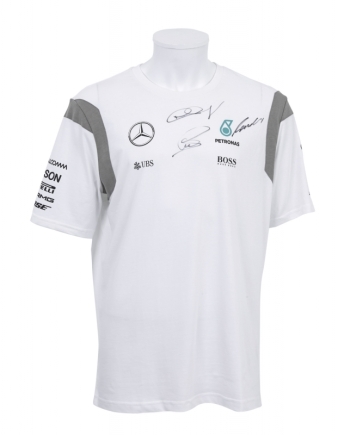 LEWIS HAMILTON, NICO ROSBERG AND NIKI LAUDA SIGNED 2016 MERCEDES AMG PETRONAS F1 TEAM SHIRT