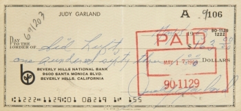 JUDY GARLAND SIGNED CHECK AND LOVE NOTE