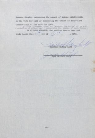 JUDY GARLAND AND SID LUFT SIGNED TAX AGREEMENT