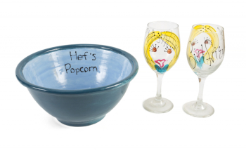 HUGH HEFNER POPCORN BOWL AND PAIR OF GIRLFRIEND WINE GLASSES