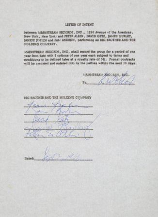 JANIS JOPLIN SIGNED BIG BROTHER & THE HOLDING COMPANY LETTER OF INTENT •