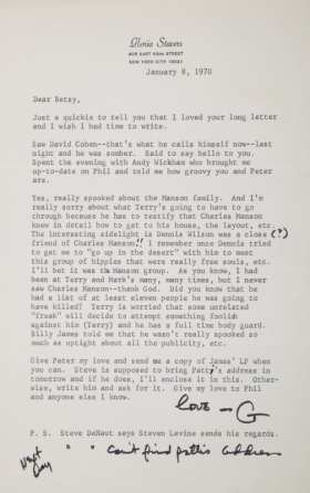 GLORIA STAVERS 1970 LETTER REFERENCING CHARLES MANSON