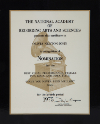 OLIVIA NEWTON-JOHN "HAVE YOU NEVER BEEN MELLOW" GRAMMY NOMINATION PLAQUE