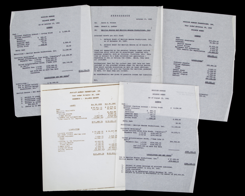 MARILYN MONROE 1961 FINANCIAL BALANCE SHEETS