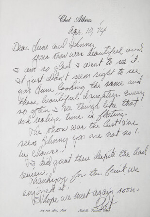 JOHNNY CASH AND JUNE CARTER CASH LETTER FROM CHET ATKINS