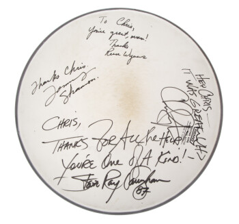 STEVIE RAY VAUGHAN AND DOUBLE TROUBLE BAND SIGNED DRUMHEAD