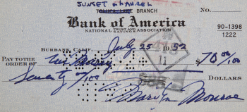 MARILYN MONROE 1952 CANCELED BANK CHECK