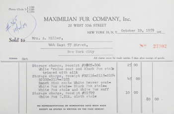 MARILYN MONROE FUR STORAGE RECEIPT FROM MAXIMILIAN