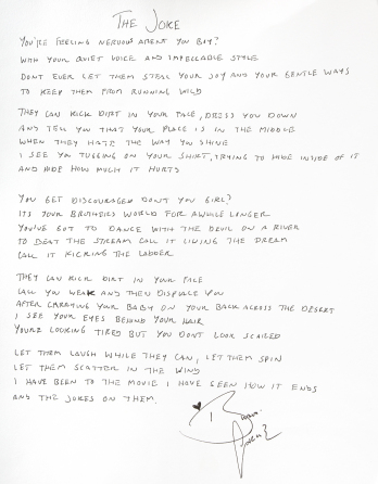 BRANDI CARLILE HANDWRITTEN LYRICS TO THE SONG "THE JOKE"