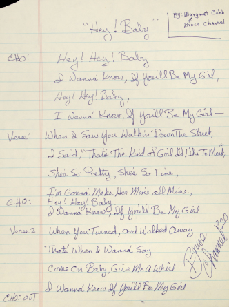 BRUCE CHANNEL HANDWRITTEN LYRICS TO THE SONG "HEY! BABY" ALSO RELEASED ON THE "DIRTY DANCING" MOVIE SOUNDTRACK