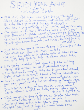 ROSANNE CASH HANDWRITTEN LYRICS TO THE SONG "SEVEN YEAR ACHE"