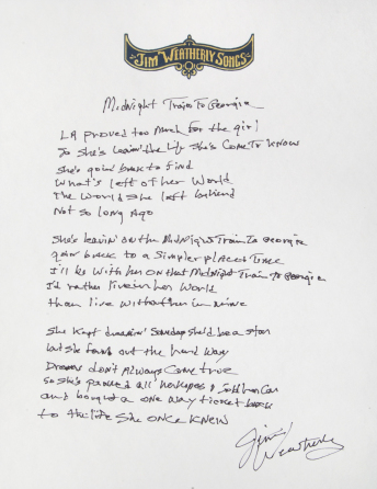 JIM WEATHERLY HANDWRITTEN LYRICS TO THE SONG "MIDNIGHT TRAIN TO GEORGIA" FAMOUSLY RECORDED BY GLADYS KNIGHT & THE PIPS
