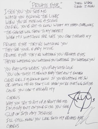 WARREN PASH HANDWRITTEN LYRICS SIGNED BY JOHN OATES TO THE SONG "PRIVATE EYES" AS RECORDED BY HALL & OATES