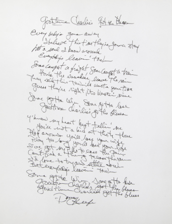 DANNY O'KEEFE HANDWRITTEN LYRICS TO THE SONG "GOOD TIME CHARLIE'S GOT THE BLUES" AS RECORDED BY HIM AND OTHER ARTISTS INCLUDING ELVIS PRESLEY (1974), WILLIE NELSON (1984), AND DWIGHT YOAKAM (1997)