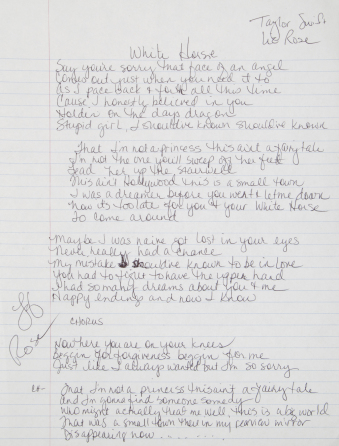 LIZ ROSE HANDWRITTEN LYRICS TO THE SONG "WHITE HORSE" AS RECORDED BY TAYLOR SWIFT