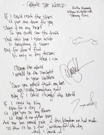 GORDON KENNEDY HANDWRITTEN LYRICS TO THE ERIC CLAPTON SONG "CHANGE THE WORLD" FURTHER SIGNED BY CO-WRITERS WAYNE KIRKPATRICK AND TOMMY SIMS