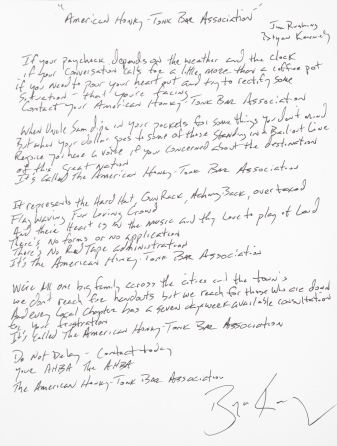 BRYAN KENNEDY HANDWRITTEN LYRICS TO THE SONG "AMERICAN HONKY-TONK BAR ASSOCIATION" AS RECORDED BY GARTH BROOKS