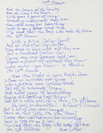 THOM SCHUYLER HANDWRITTEN LYRICS TO THE SONG "16TH AVENUE" AS RECORDED BY LACY J. DALTON