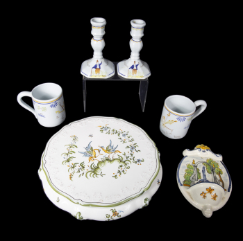 MOUSTIER AND QUIMPER FRENCH FAIENCE ASSORTED TABLEWARE