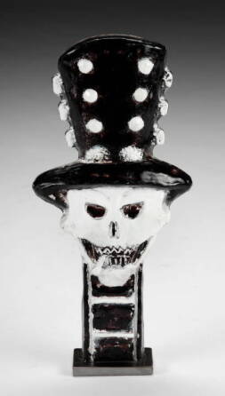 PAINTED GLASS SKELETON IN A HAT