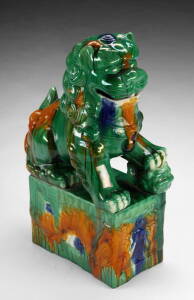 PAINTED CERAMIC GARDEN SEAT AND FOO DOG