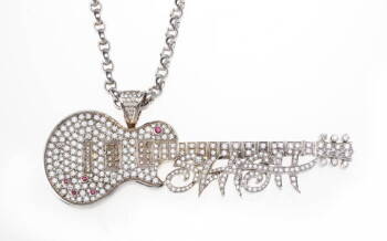 14K WHITE GOLD, DIAMOND AND RUBY GUITAR PENDANT AND CHAIN